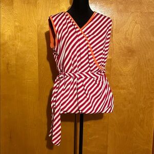 Serra Large Red and White Striped Reversible Wrap Top with Removable Waist Tie